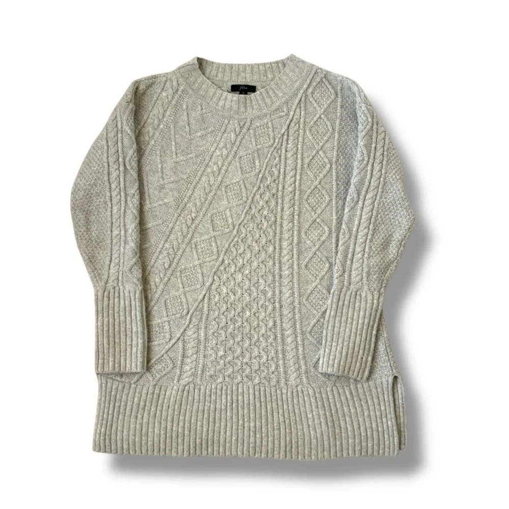 J. CREW Cable Knit Tunic Sweater Wool Blend Patchwork Preppy Beige Gray Small